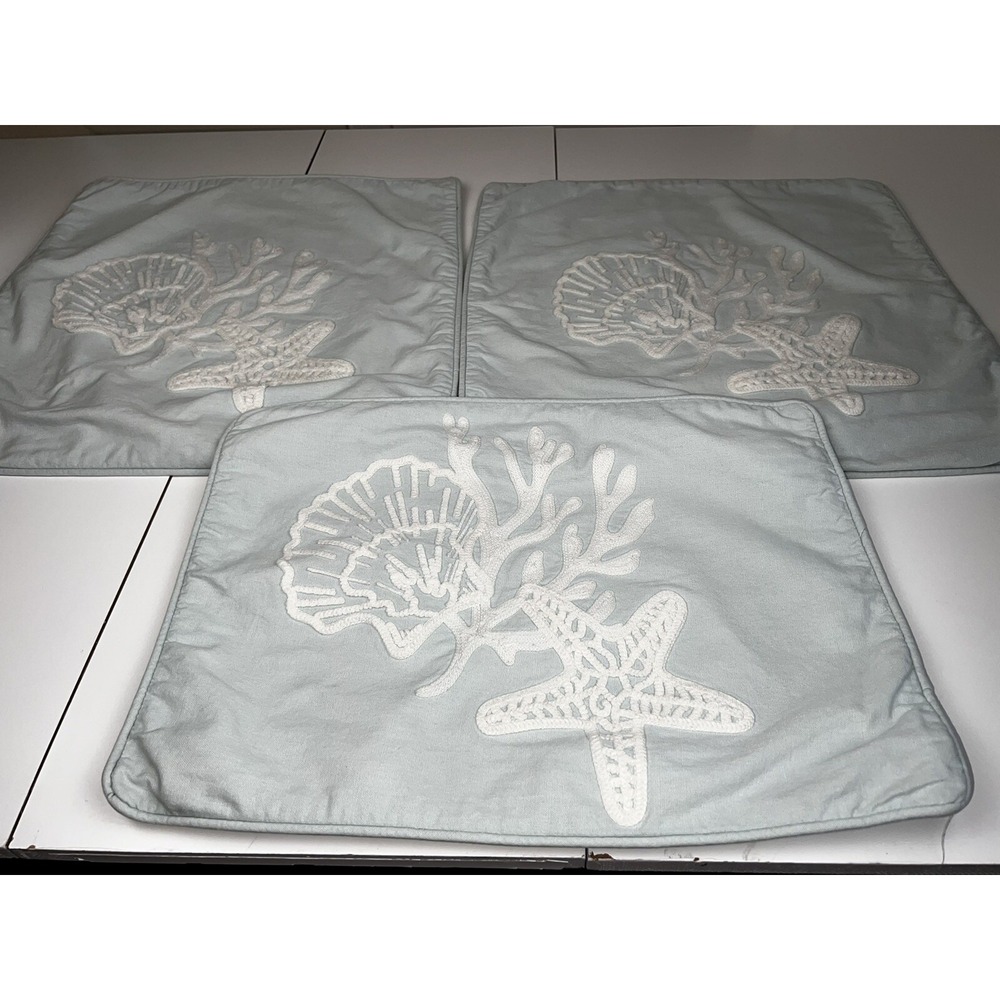 TOMMY BAHAMA Linen Coastal Island Starfish Seashell Pillow Covers 3 Blue